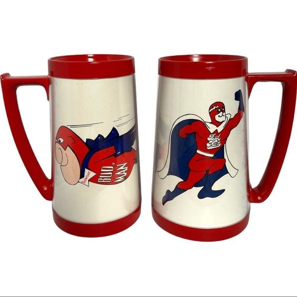Set of TWO Bud Man Vintage Beer Mugs Superhero Thermos and Eagle Red and White - Picture 3 of 15